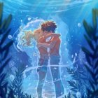 Couple's intimate moment in underwater bubble with shimmering light