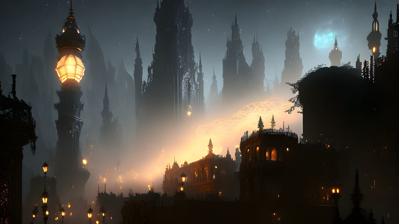 Mystical nighttime cityscape with glowing lanterns and Gothic architecture