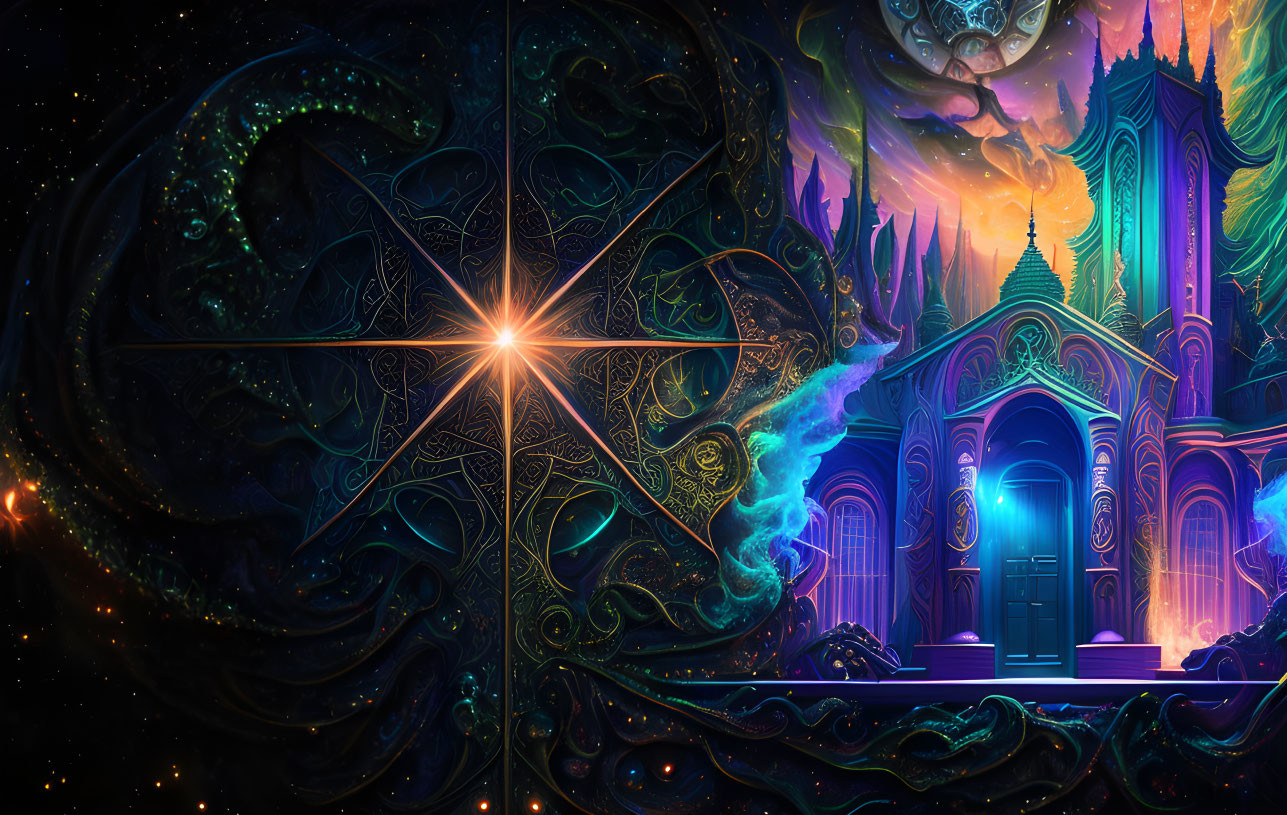 Colorful cosmic illustration: starburst, galaxies, neon-lit temple