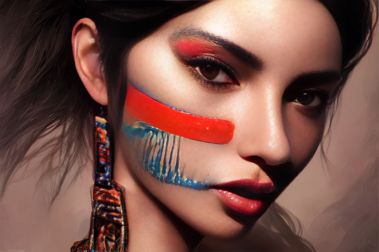 Portrait of woman with red and blue tribal makeup and ornate earring