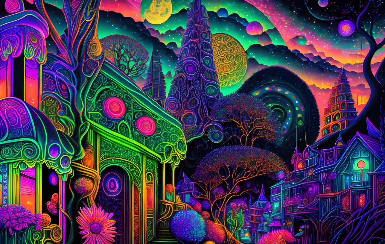 Colorful Psychedelic Landscape with Celestial Bodies in Starry Sky