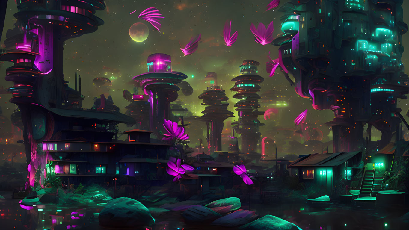 Nighttime futuristic cityscape with glowing purple and green lights and floating pink petals.