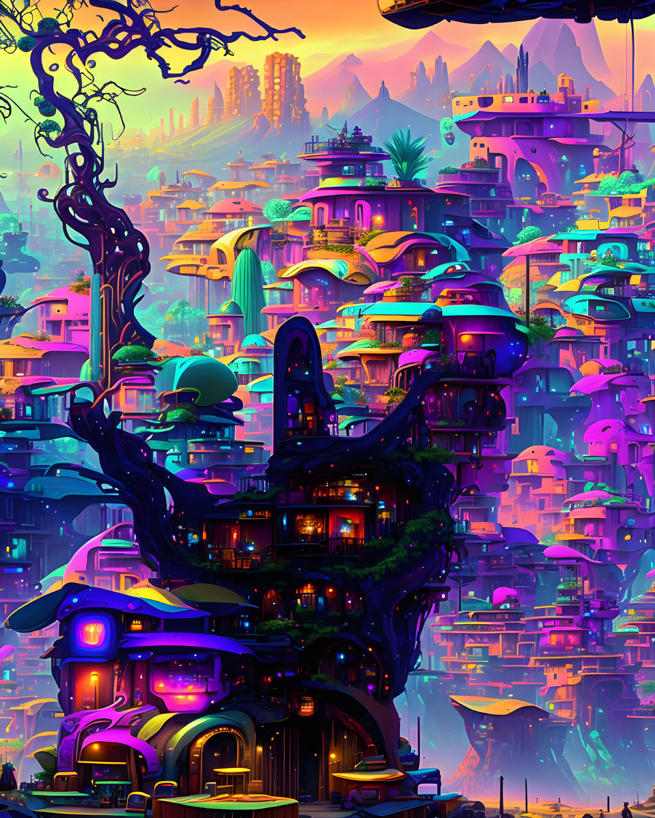 Futuristic cityscape with organic architecture and neon lights