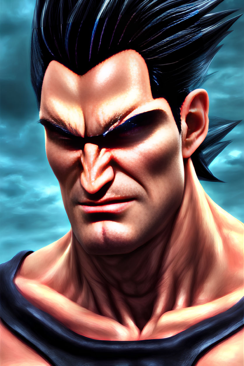 Detailed close-up of muscular animated male character with blue-black hair and intense gaze