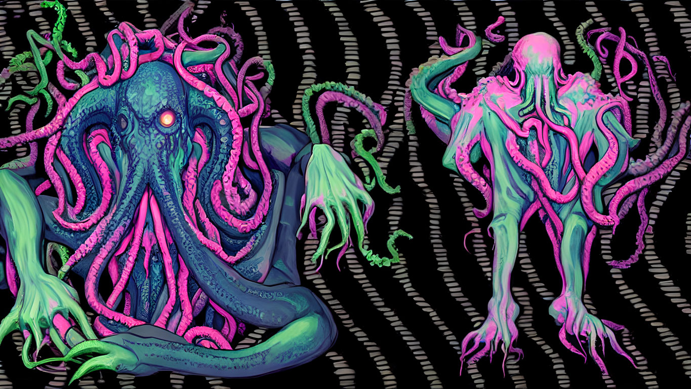 Colorful Octopus-Like Creatures on Dark Background