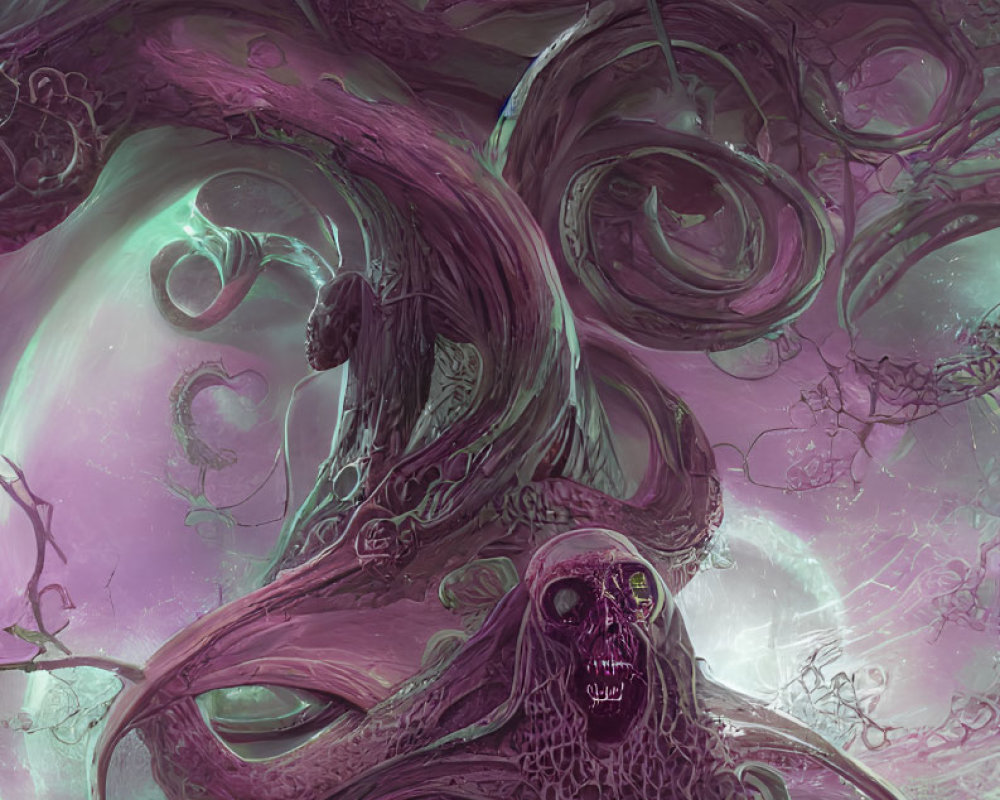 Fantasy Artwork: Purple Tentacles, Skull Creature, Green Background