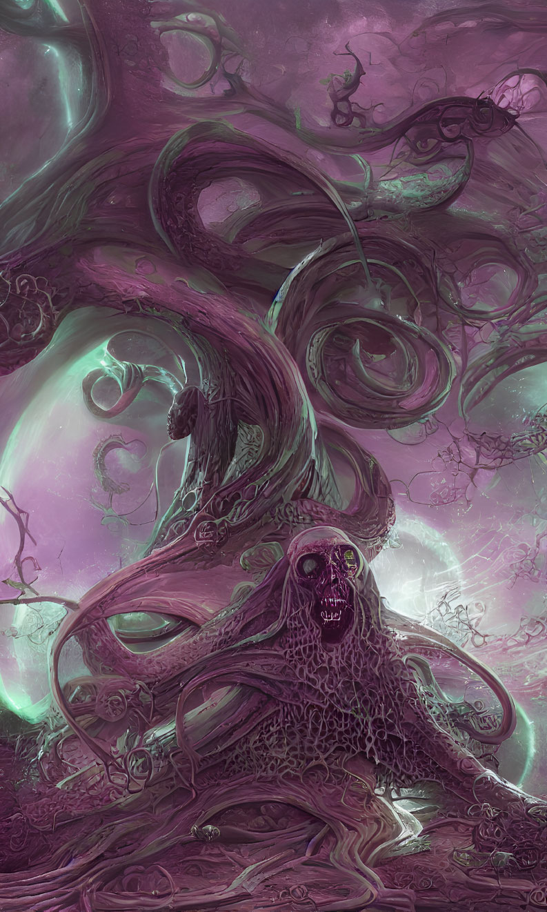 Fantasy Artwork: Purple Tentacles, Skull Creature, Green Background