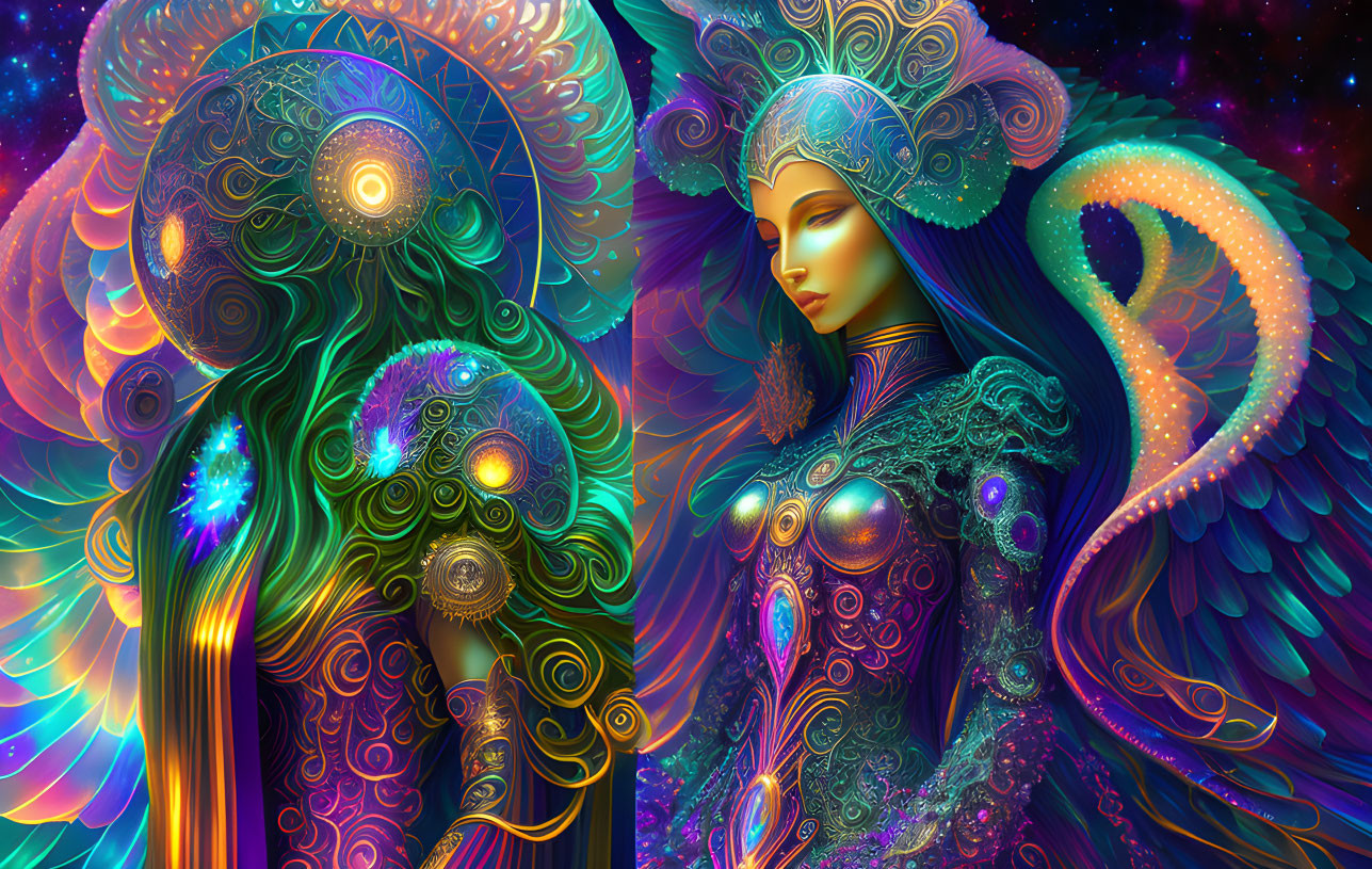 Colorful Psychedelic Digital Art of Female Figure in Elaborate Headgear