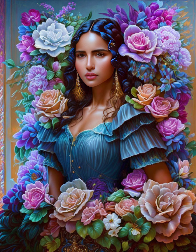 Dark-haired woman in blue ruffled dress with floral adornments among vibrant blossoms