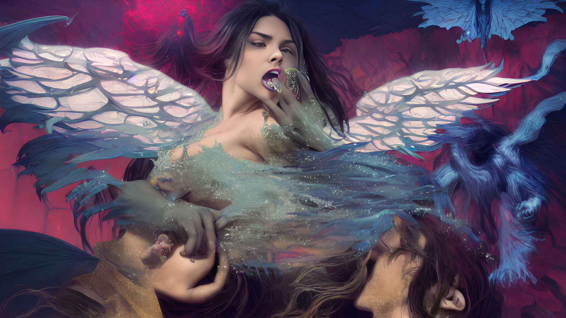 Winged woman and mythical creature in vibrant, mystical scene