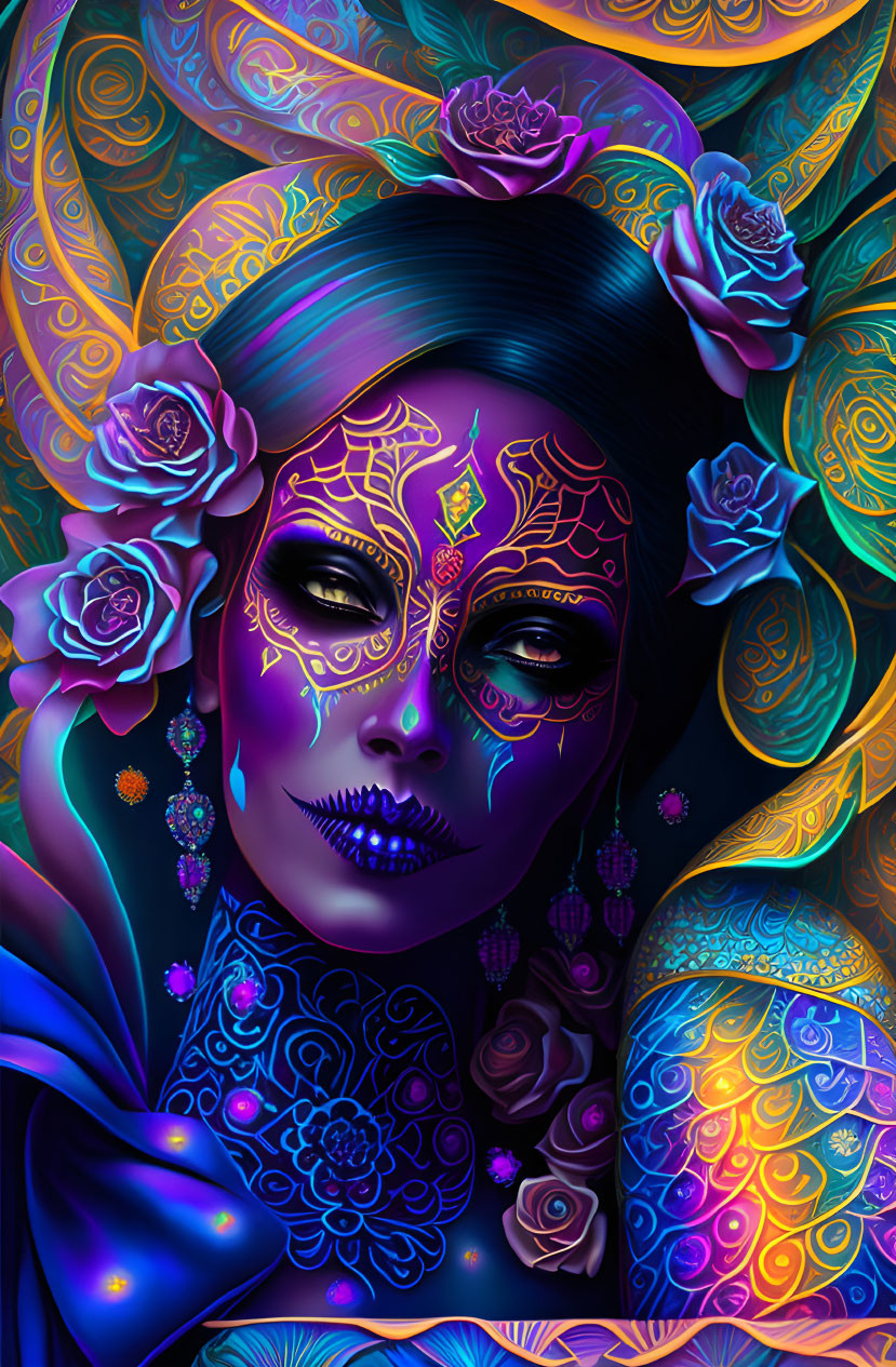 Colorful illustration: woman with purple skin and golden decorations on vibrant background