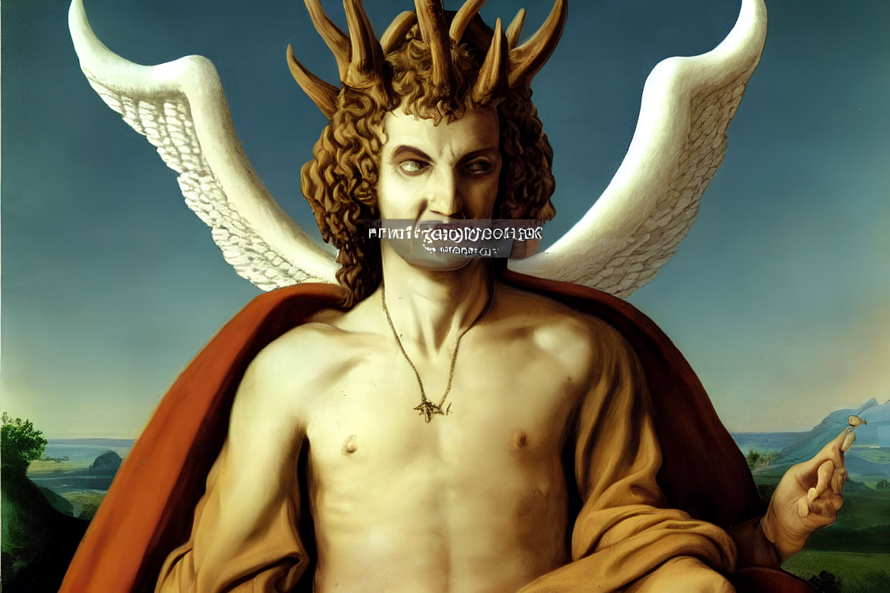 Surreal portrait of human-animal fusion with horns, antlers, necklace, and blue object