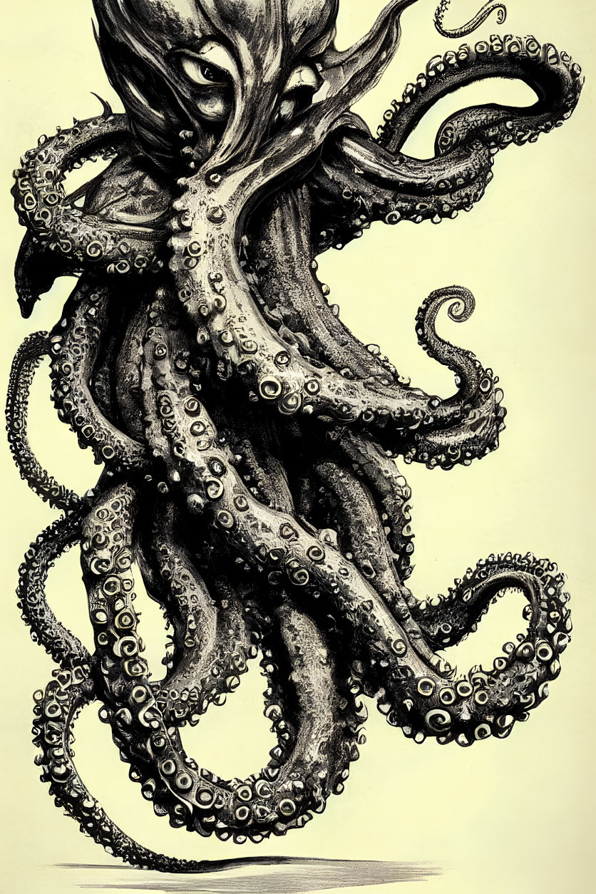 Detailed Black and White Octopus Illustration with Menacing Face