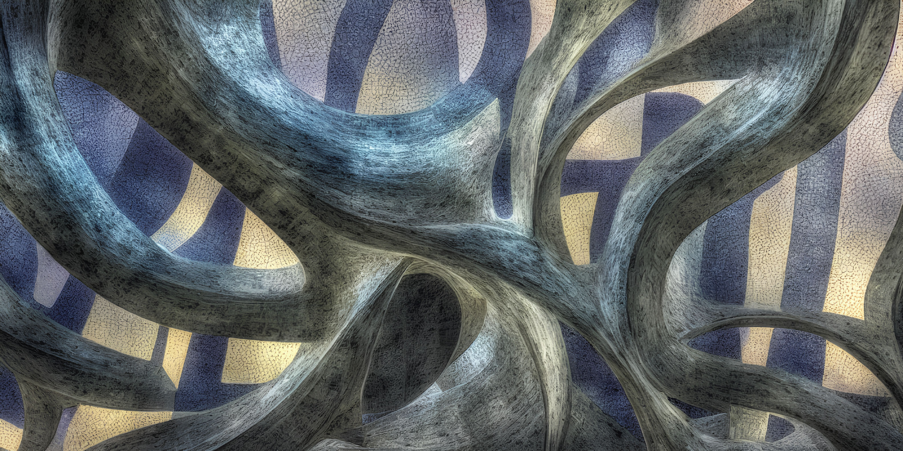 Abstract gray ribbons entwined in blue and beige mosaic art