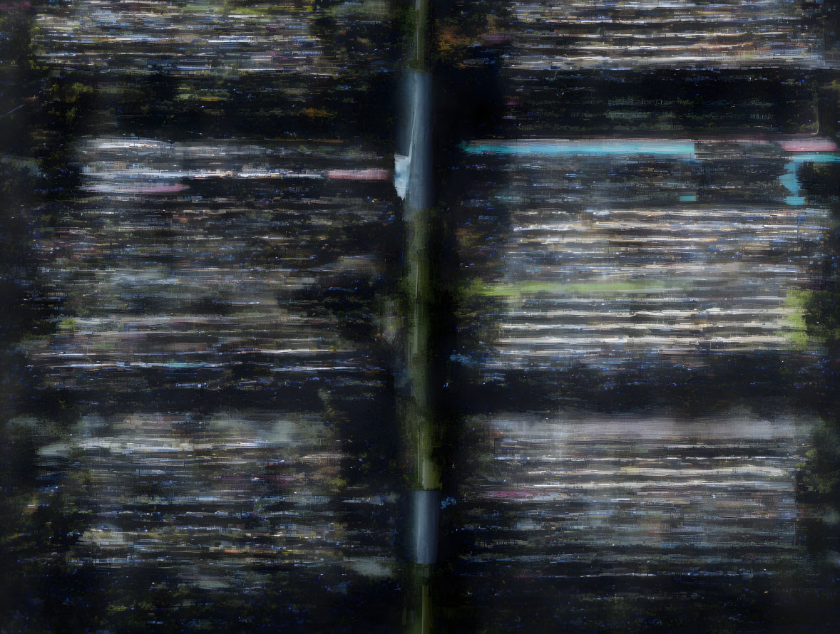 Abstract painting with black predominance and textured streaks of various colors, featuring a dark vertical line.