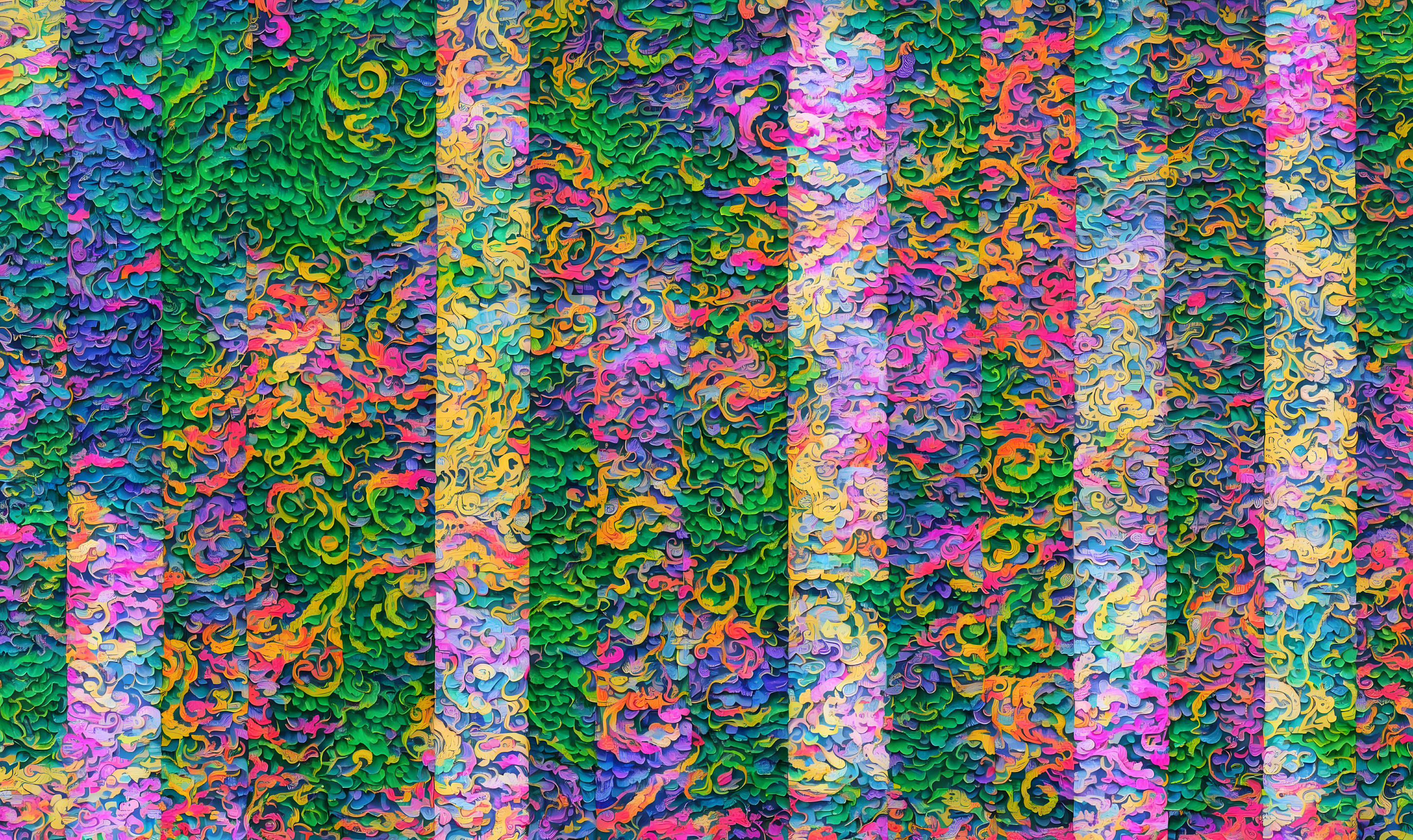 Colorful abstract art with wavy patterns in pink, green, blue, and yellow