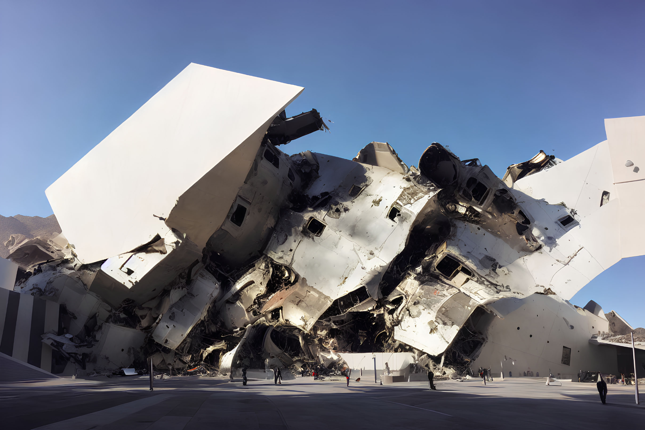 Modern chaotic building with metallic structures against blue sky and people walking.