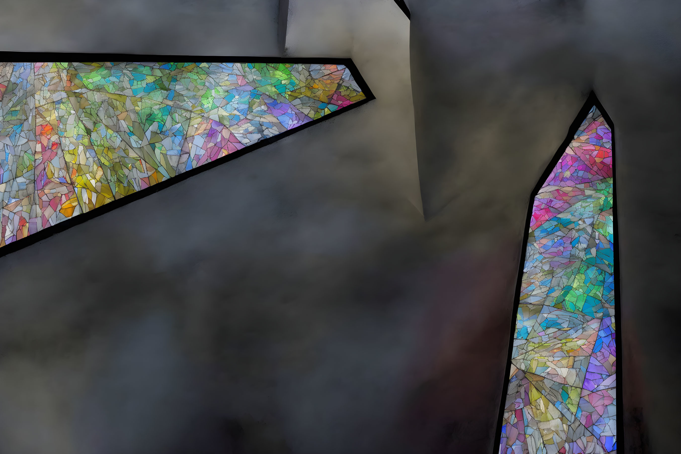 Colorful abstract stained glass windows in dim interior