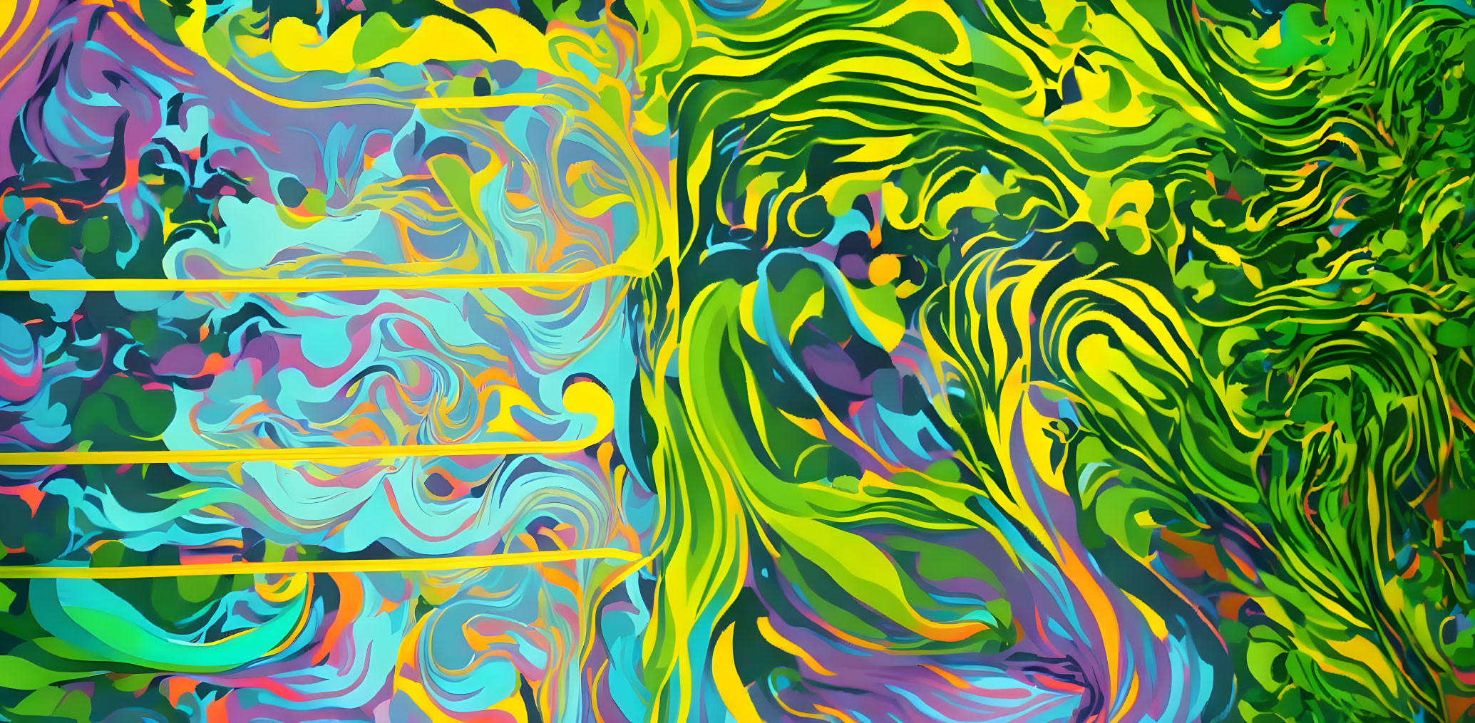 Colorful Abstract Art: Swirling Green, Blue, Yellow & Pink Patterns