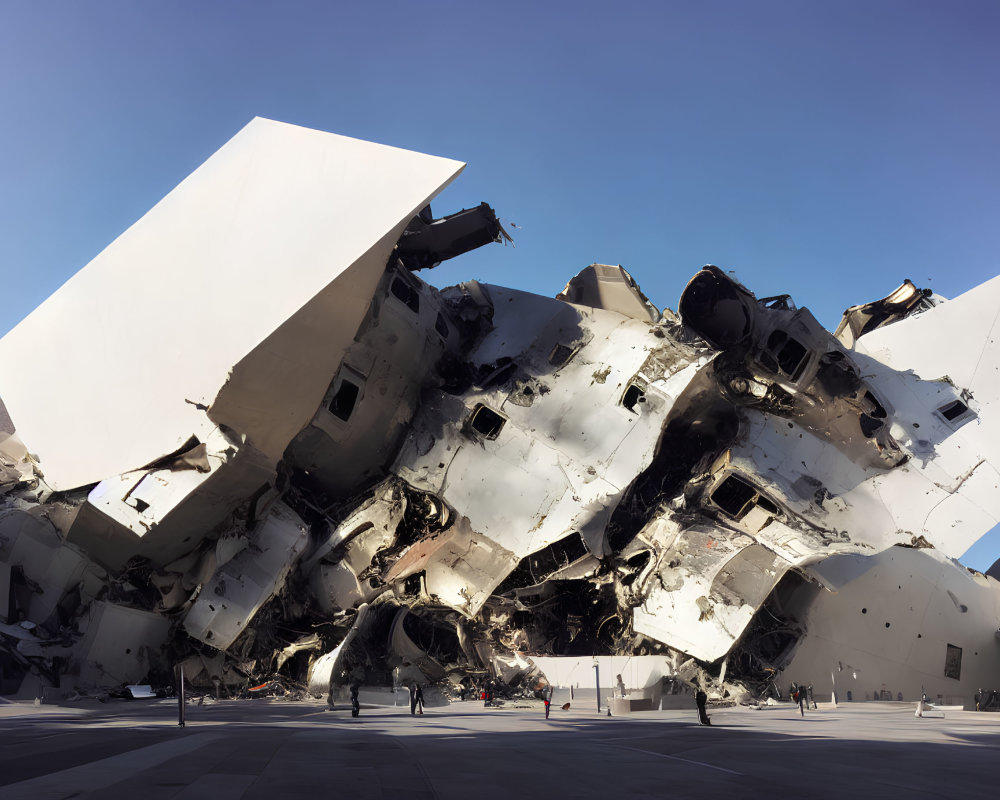 Modern chaotic building with metallic structures against blue sky and people walking.