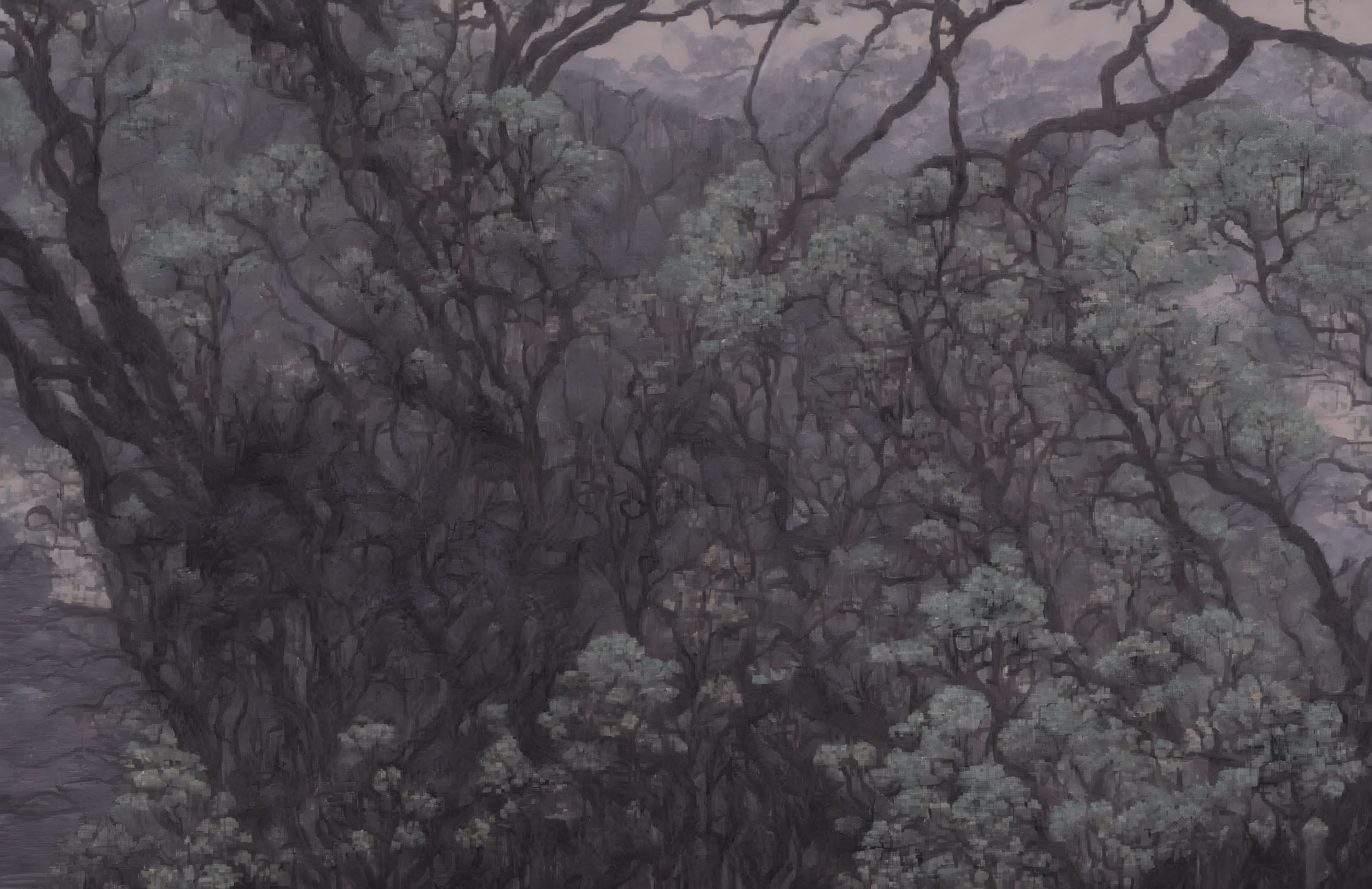 Dark twisted trees with green leaves casting intricate shadows