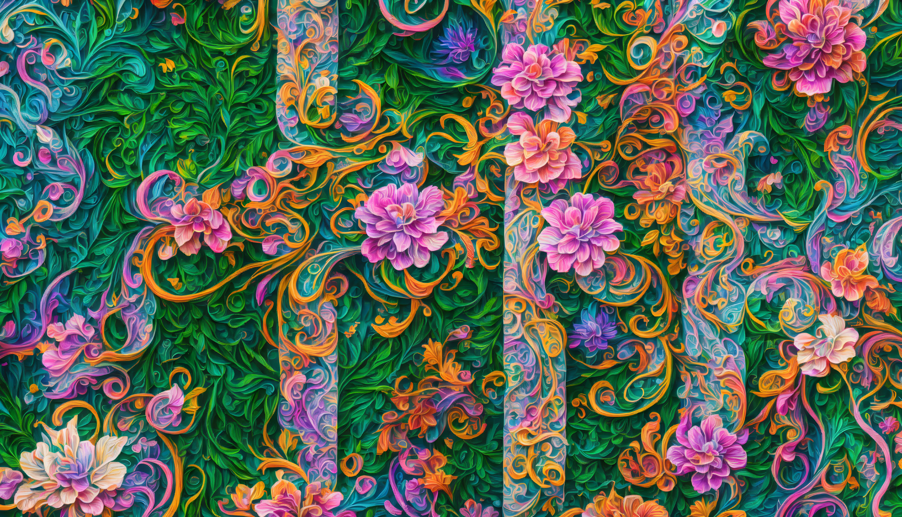 Colorful Floral Pattern with Swirling Vines and Lush Blooms