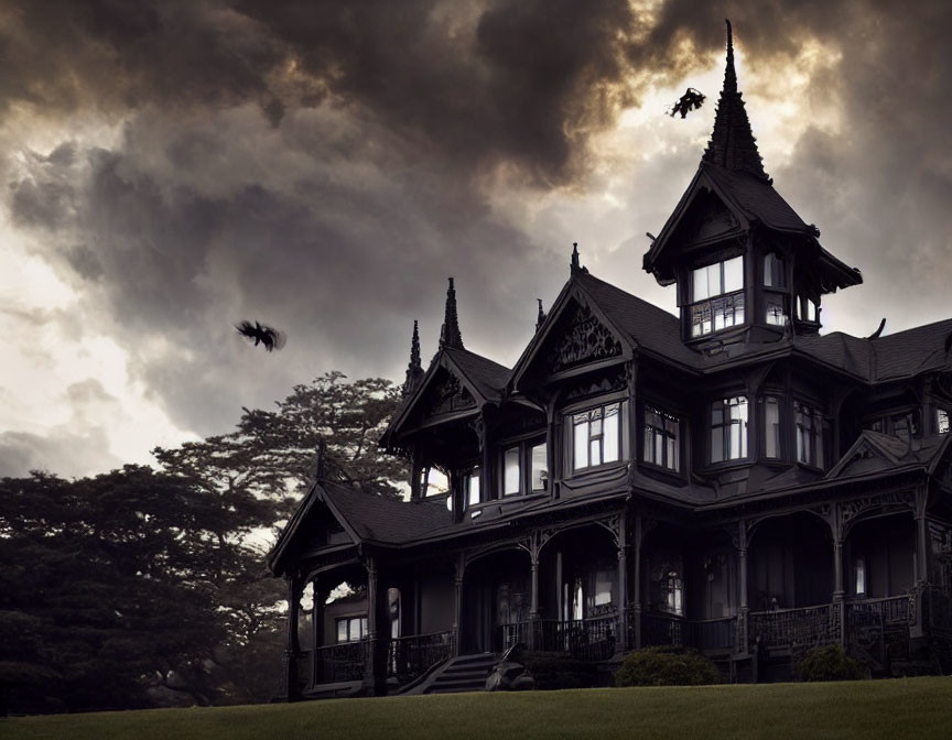 Gloomy Gothic mansion under dark, stormy sky