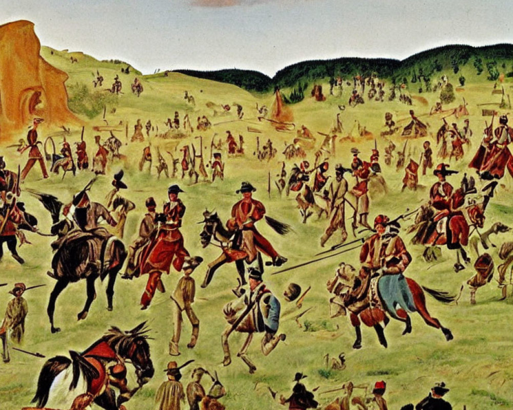 Historical battle scene: soldiers on horseback and foot in combat on green field