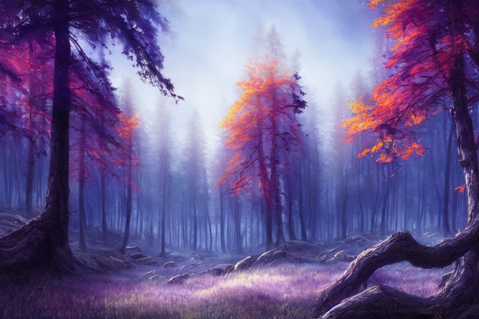 Vibrant purple and pink mystical forest with fiery autumn trees