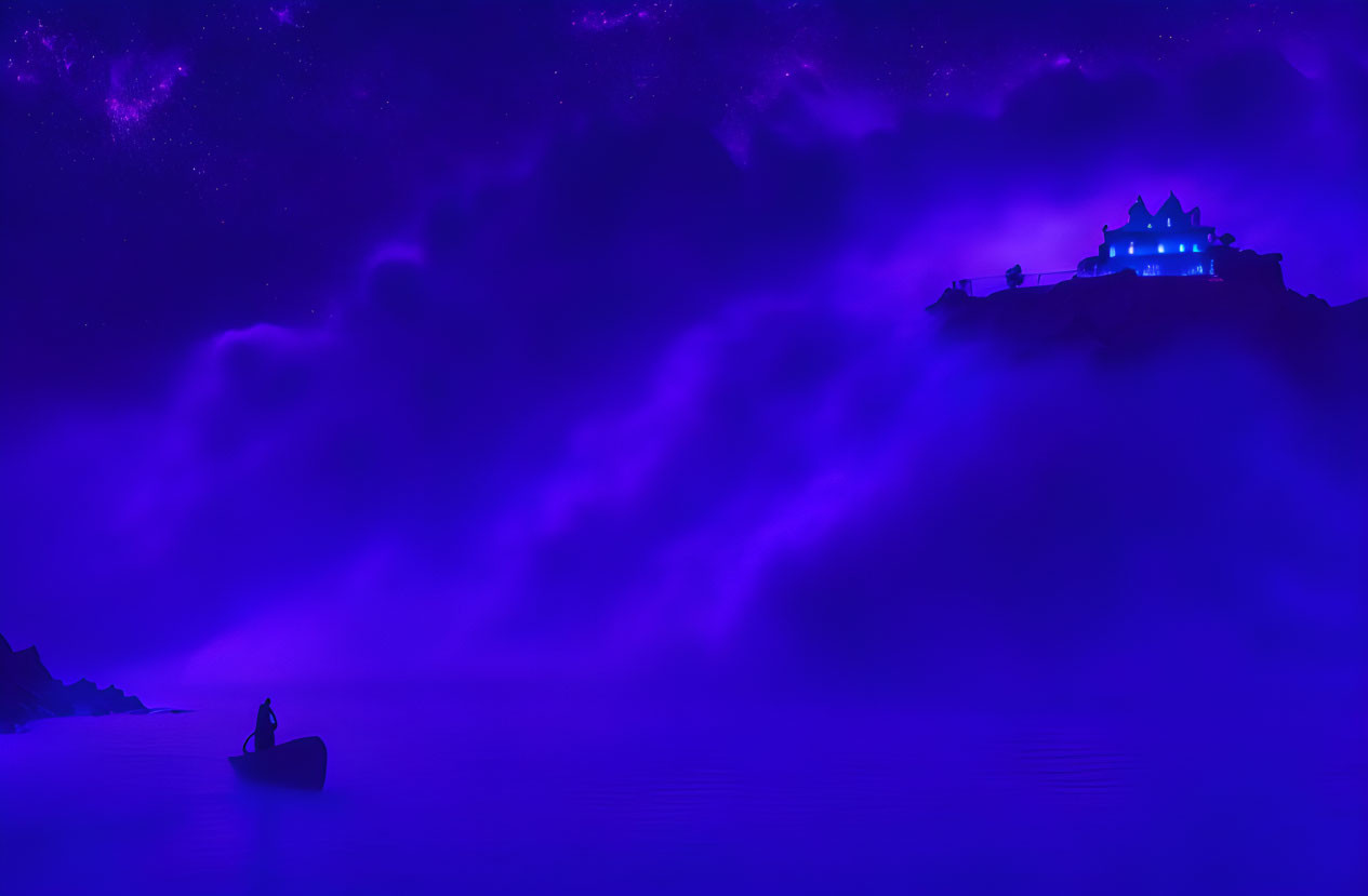 Solitary figure paddling boat on tranquil purple lake under starry night sky