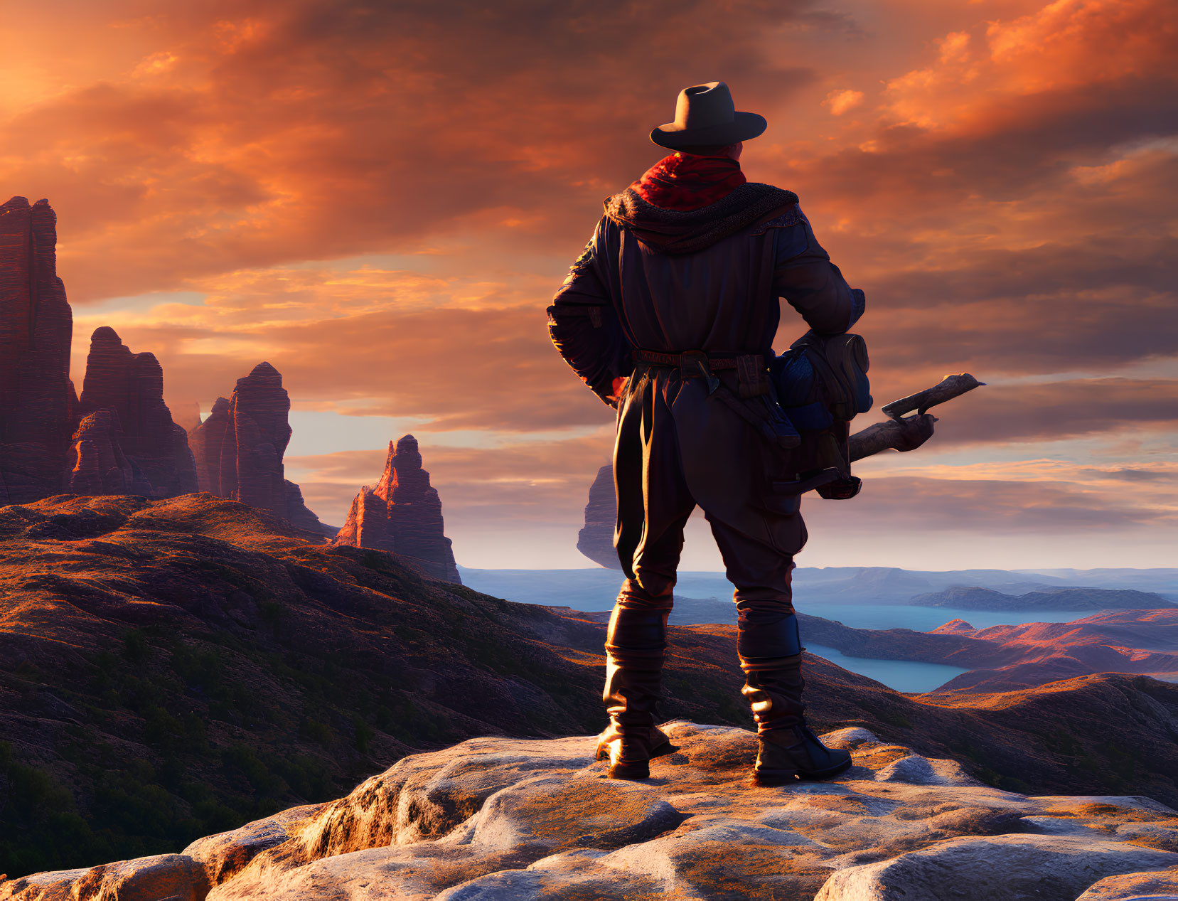 Cowboy in Rocky Landscape at Sunset