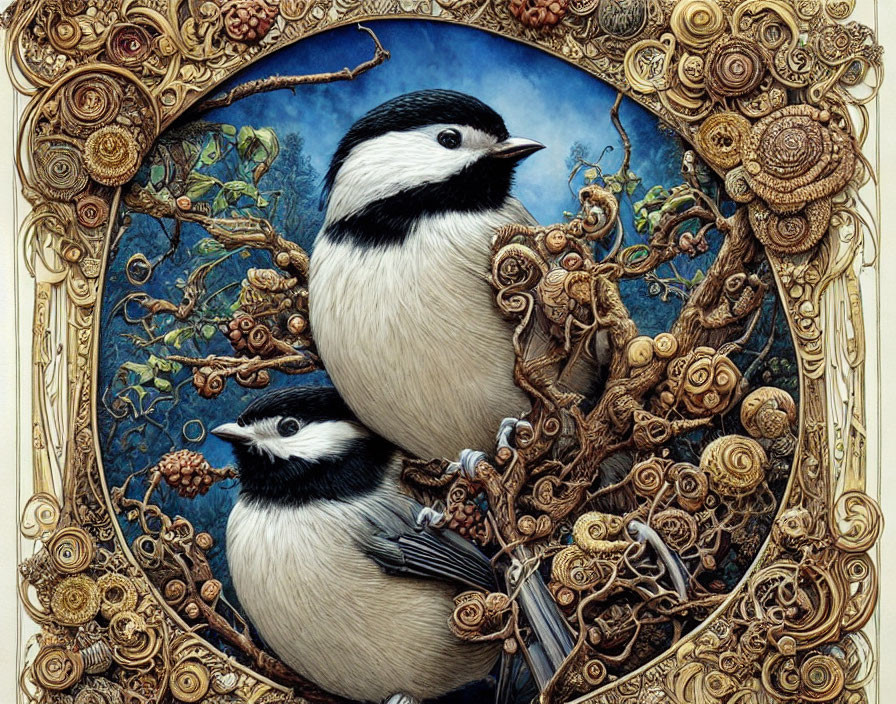 Chickadees on twisted branches in ornate golden frame