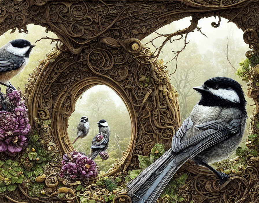 Golden mirror reflecting three chickadees in nature scene