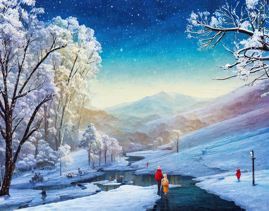 Snowy Landscape with People Walking by Frozen River at Night