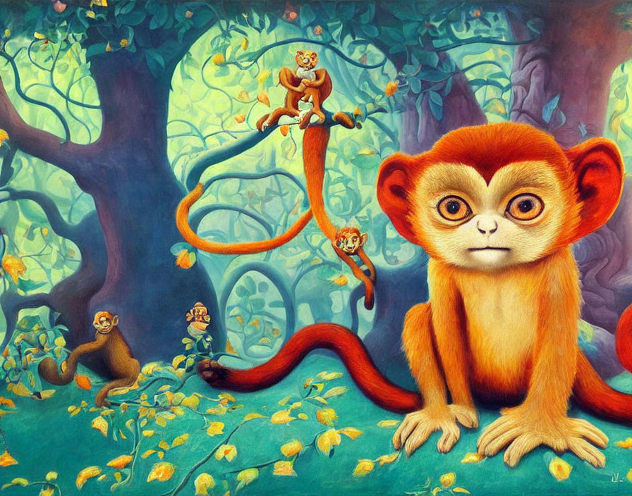 Colorful Cartoon Monkeys in Whimsical Forest Scene