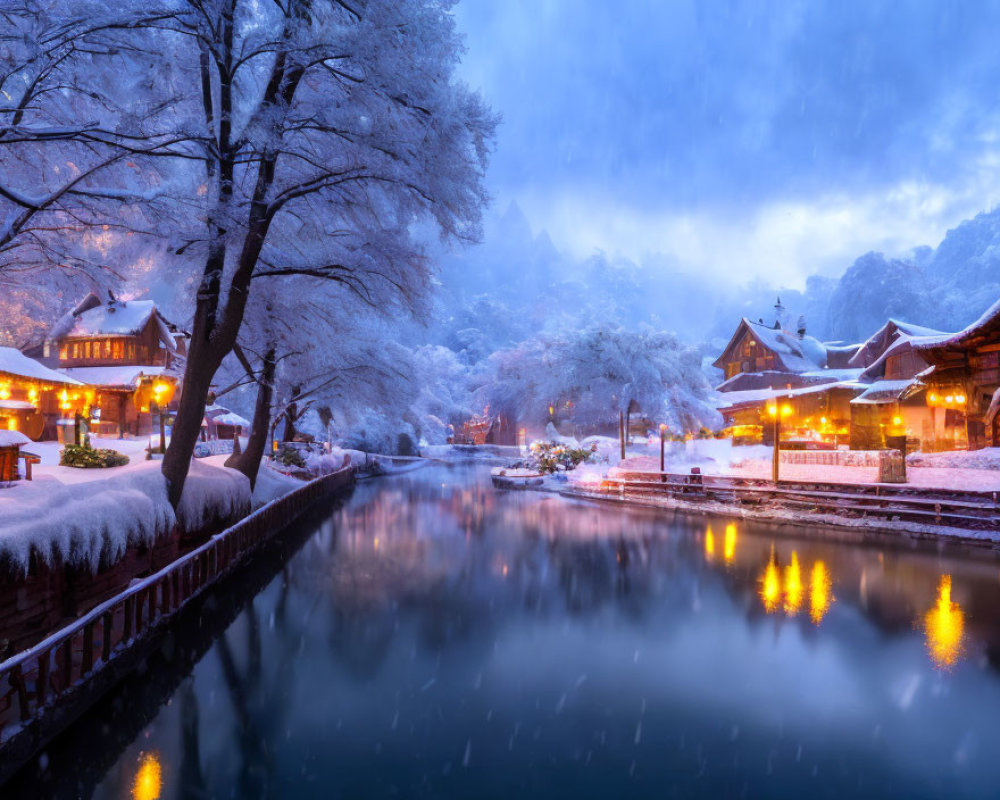 Snowy Scene with Frosted Trees, Traditional Buildings, and Calm River at Twilight