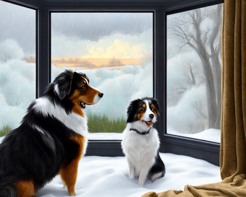 Australian Shepherd Dogs Observing Snowy Landscape Through Bay Window