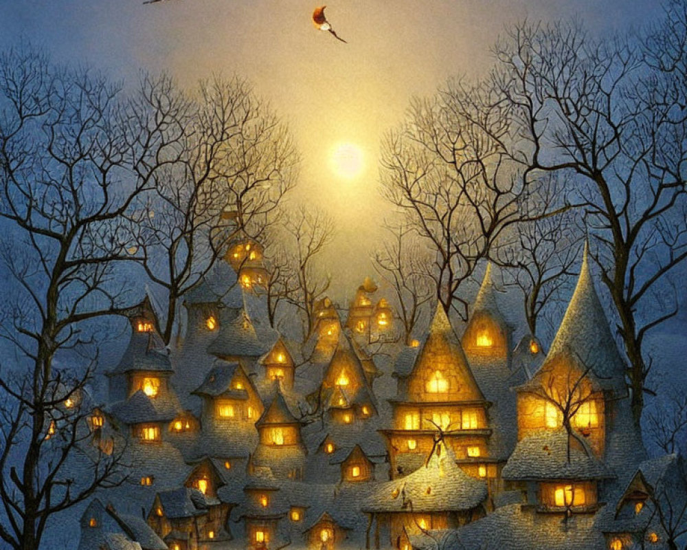 Snow-covered village at twilight with warmly lit houses and people outdoors