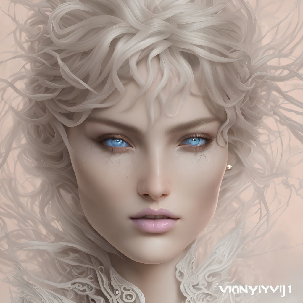 Digital artwork featuring a person with intricate white hair and blue eyes in a pastel setting