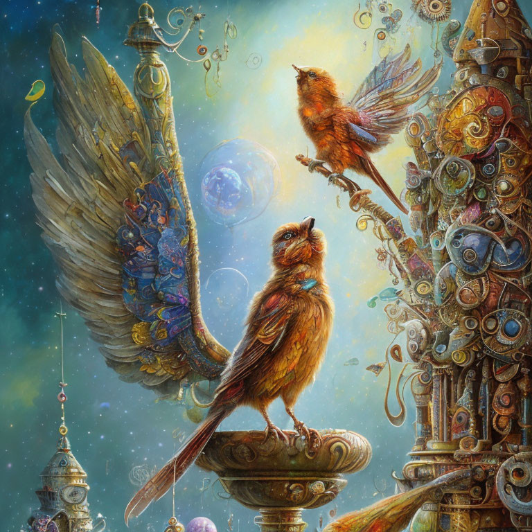 Colorful illustration: Red bird on fountain with mechanical winged creature and bubbles in clockwork setting