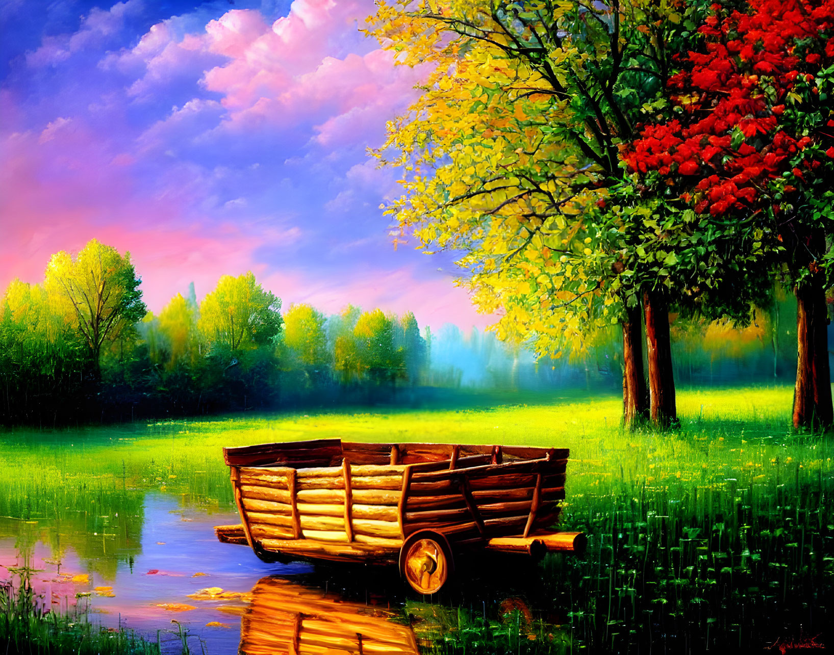 Colorful Landscape Painting with Rowboat, Tree, and Sunset Sky