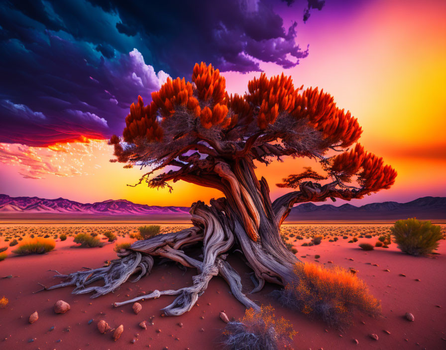 Vibrant sunset colors illuminate ancient desert tree