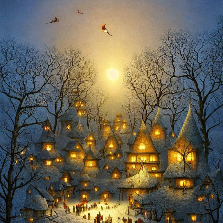 Snow-covered village at twilight with warmly lit houses and people outdoors