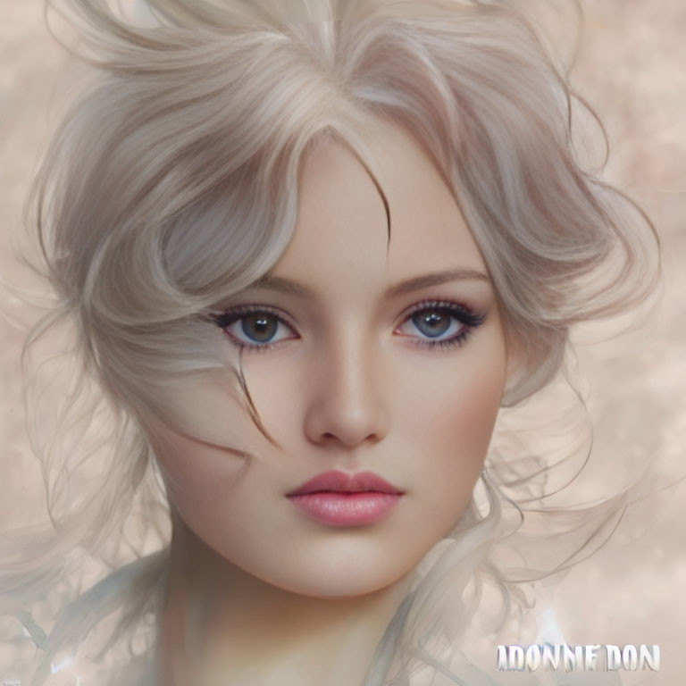 CGI image featuring woman with blue eyes, pale skin, full lips, and silver hair