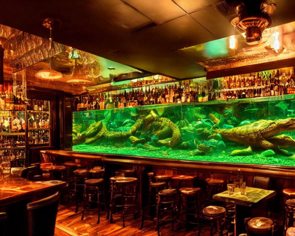 Eclectic decor in dimly-lit bar with elaborate bar shelf and alligator sculptures.