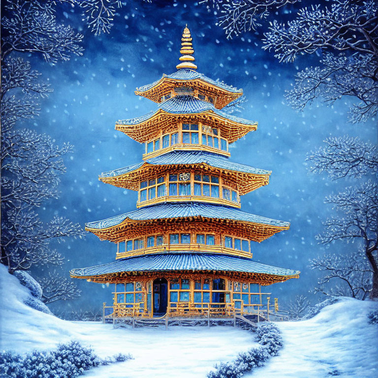 Snowy landscape with illuminated multi-tiered pagoda