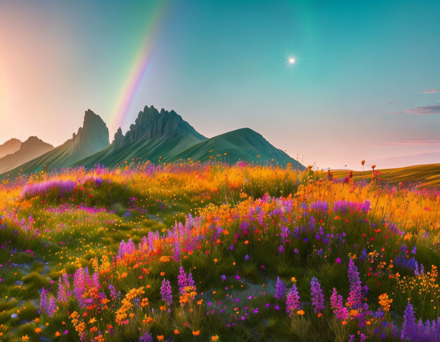 Colorful Wildflowers in Vibrant Meadow at Sunset with Rainbow and Star