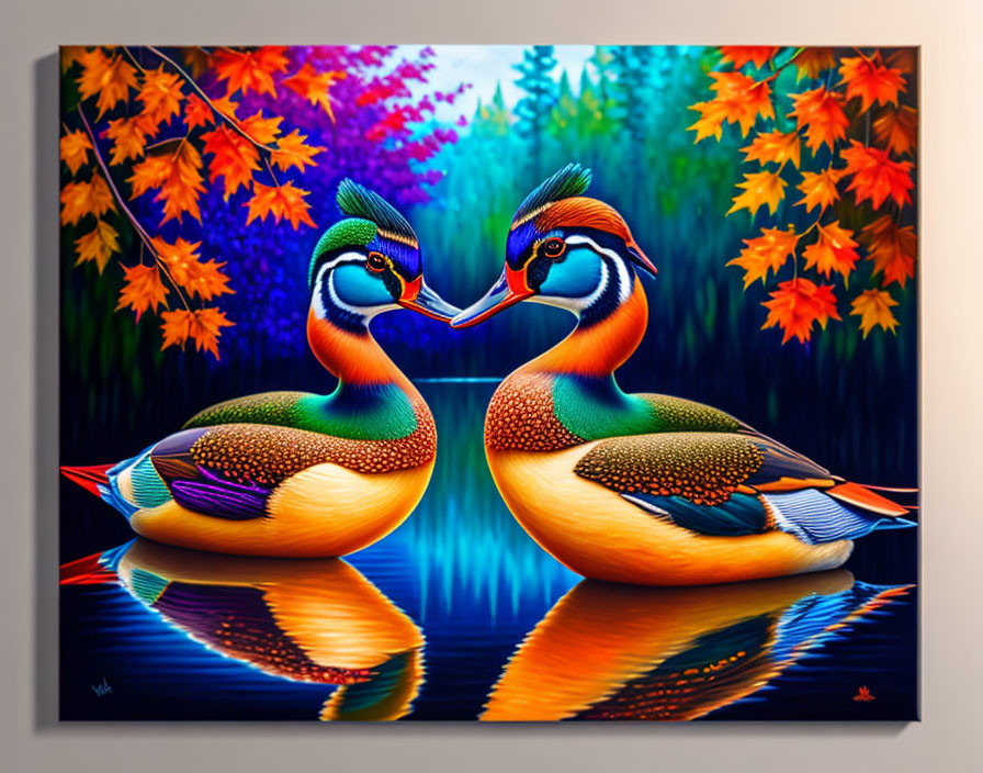 Colorful Mandarin Ducks Facing Each Other in Autumn Setting