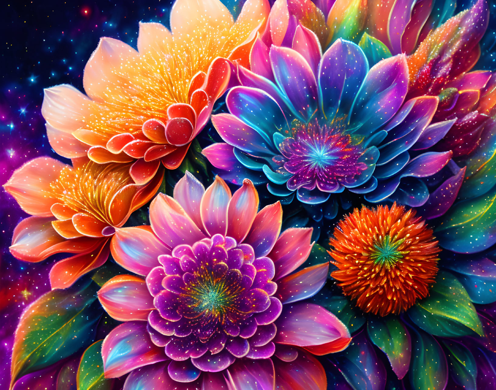 Colorful Flowers with Luminous Centers on Cosmic Background