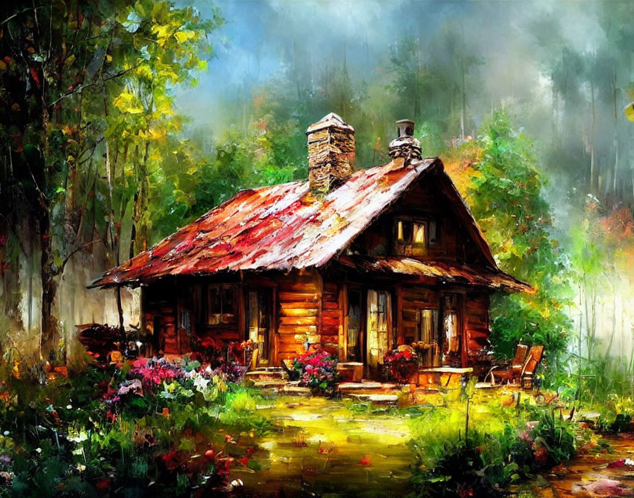 Colorful painting of rustic cabin in lush greenery